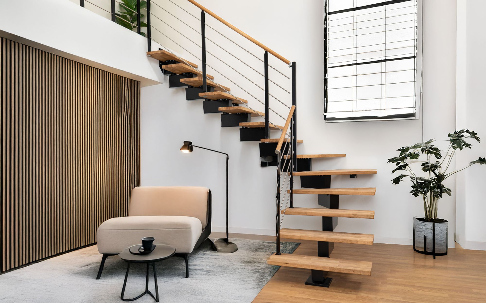elegantní a moderní schodiště DUBAI s 1/2 úpravou v obývacím pokoji