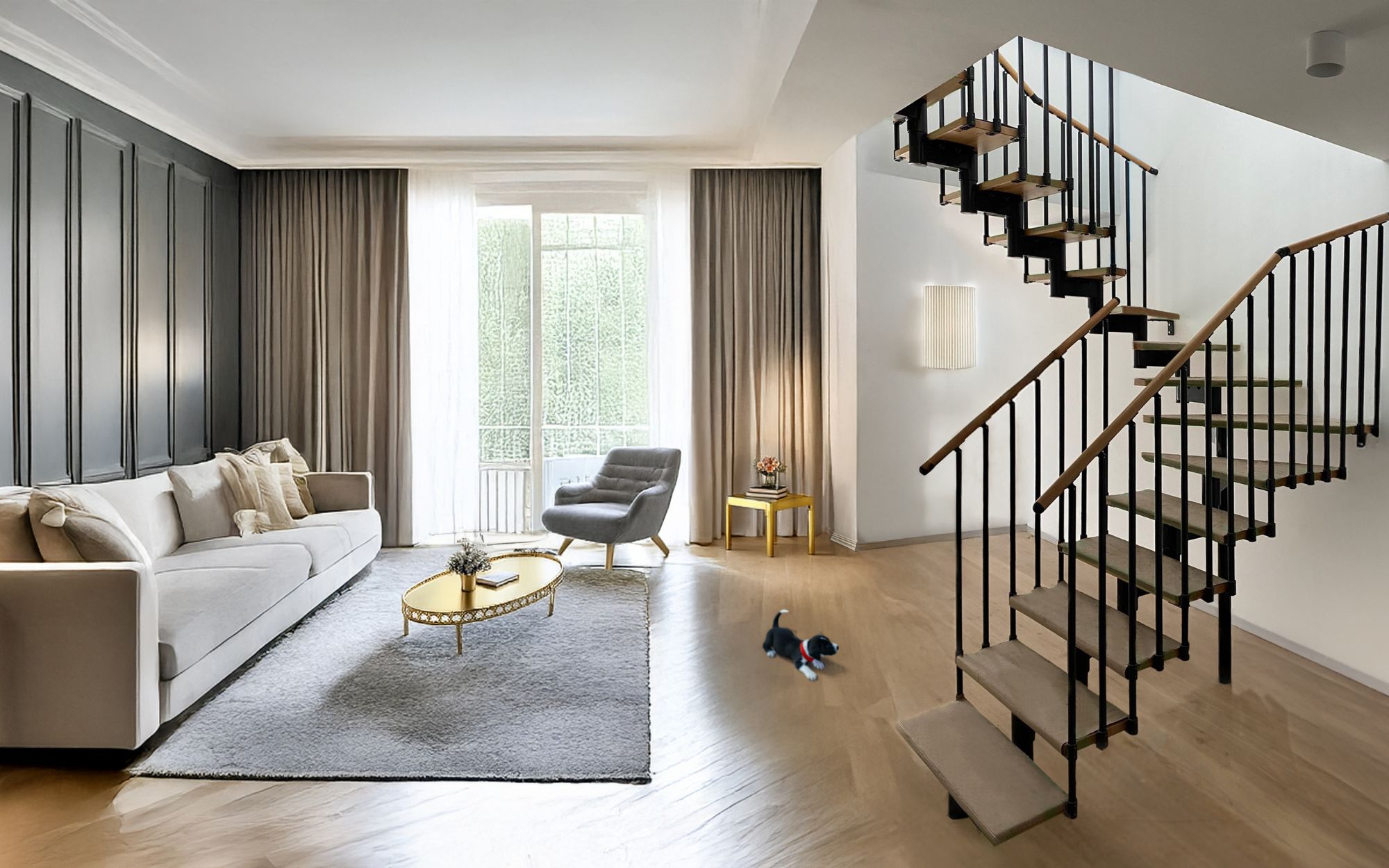 modulární schodiště v obývacím pokoji ve stylu glamour interiéru